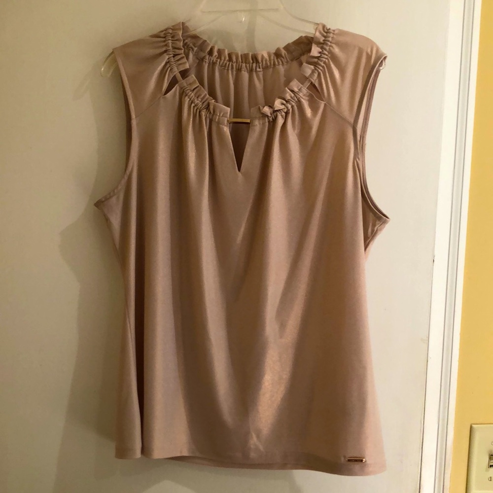 Calvin Klein Sheer Sleeveless Tank with Bunched Neckline and Gold Bar